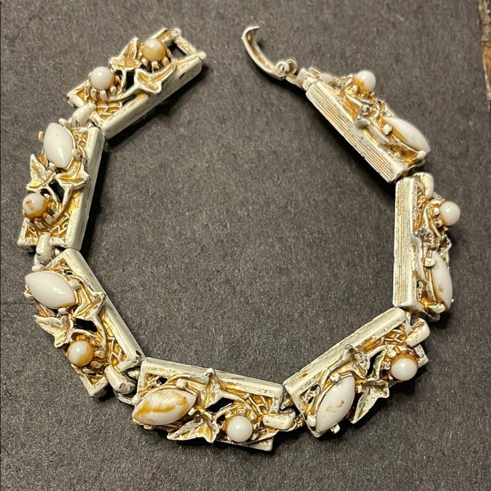 Signed Coro Vintage Bracelet, White-Gold, Shabby Chic Filigree Panels